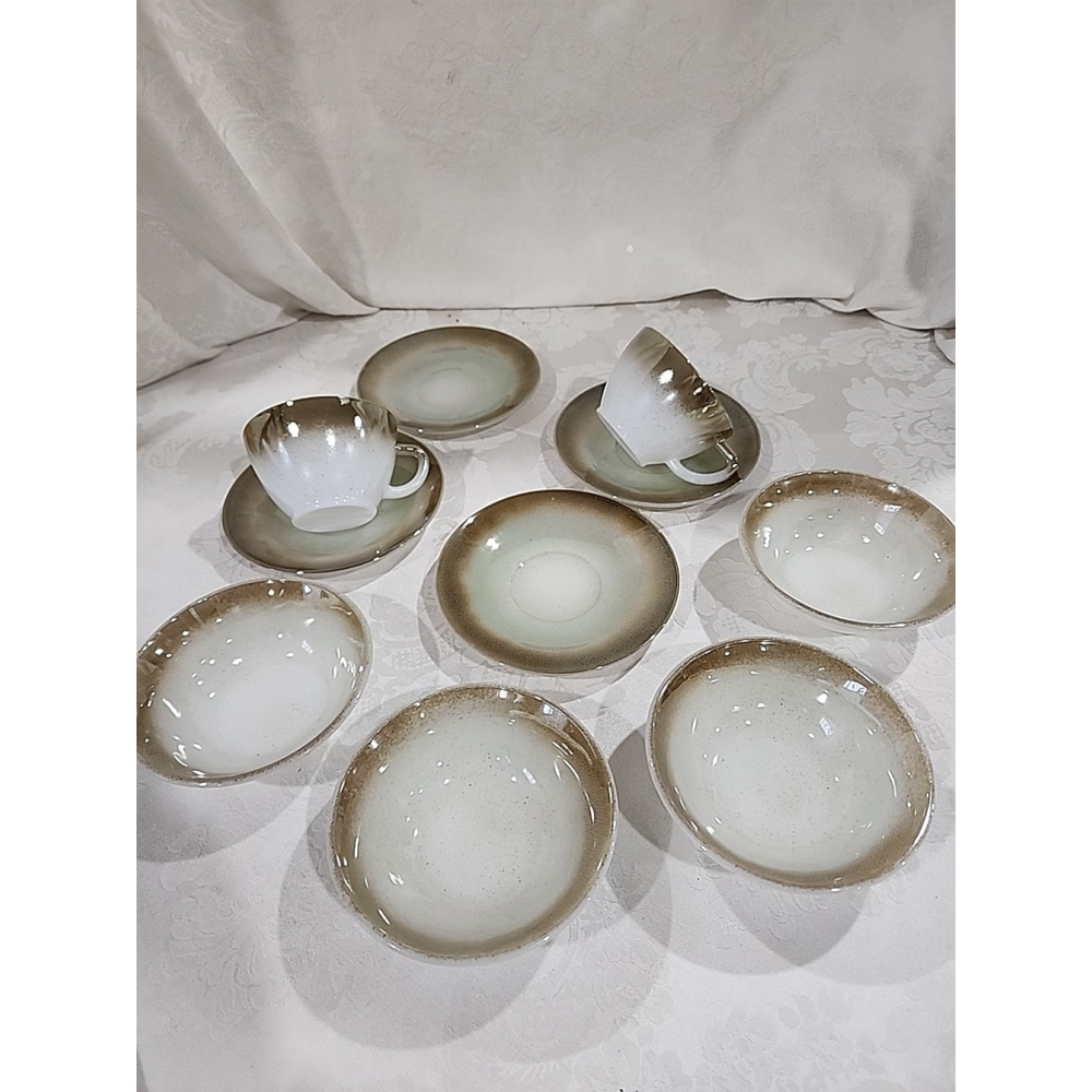 Federal Mesa Moss Green Glass Cups Saucers Bowls VTG 10pc